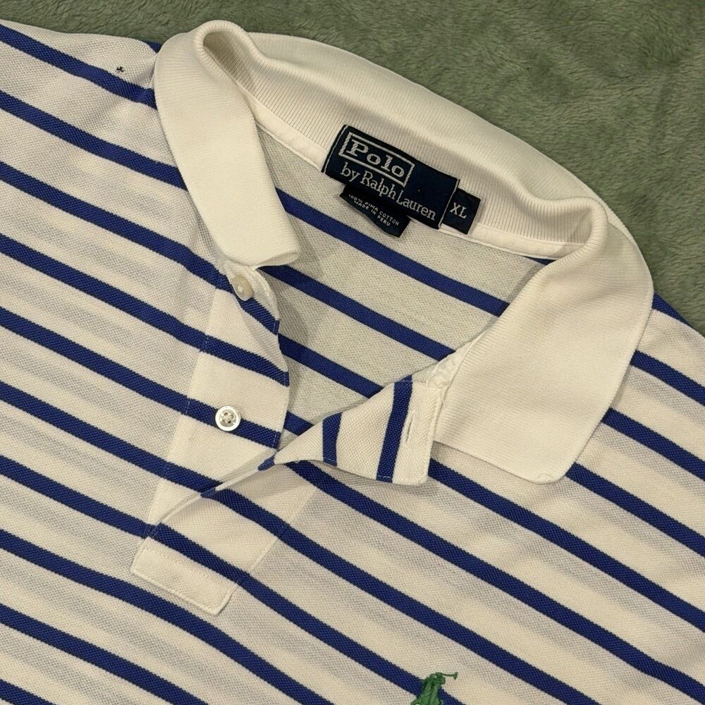 Polo Ralph Lauren Mens XL Pima Cotton Blue White Striped Pony Polo Shirt Preppy